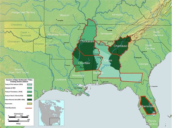 A historical map shows the southeastern United States, illustrating the major land cessions made by five Indigenous nations, including the Cherokee and Choctaw, between 1814 and 1835. The map uses different shades of green to distinguish the territories ceded in various treaties signed with Andrew Jackson, highlighting the nations’ diminishing lands.